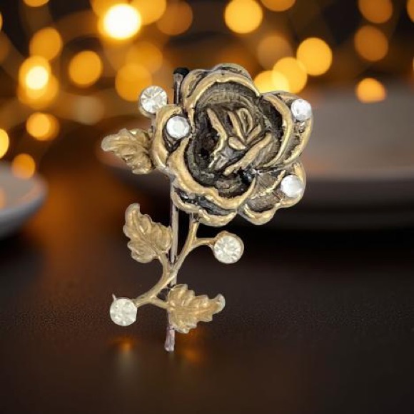 Vintage Vining Rose Hairpin w/ Swarovski Crystals • Bronze Floral Bobby Pin 🌹 - Picture 3 of 10